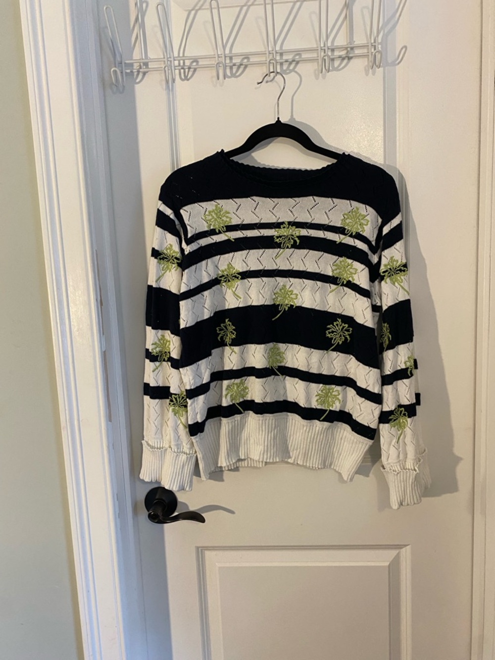 Wit & Wisdom Black and White Striped Knit Top with Lime Embroidered Palm Trees